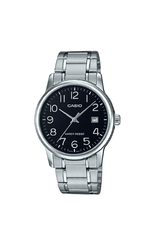 MTP-V002D-1B Men's Silver Standard Stainless Steel Date Black Numbers Analog Dial Watch