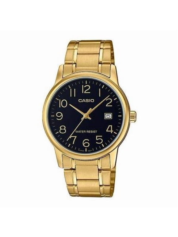 MTP-V002G-1B Men's Standard Stainless Steel Gold Tone Black Easy Reader Dial Analog Watch