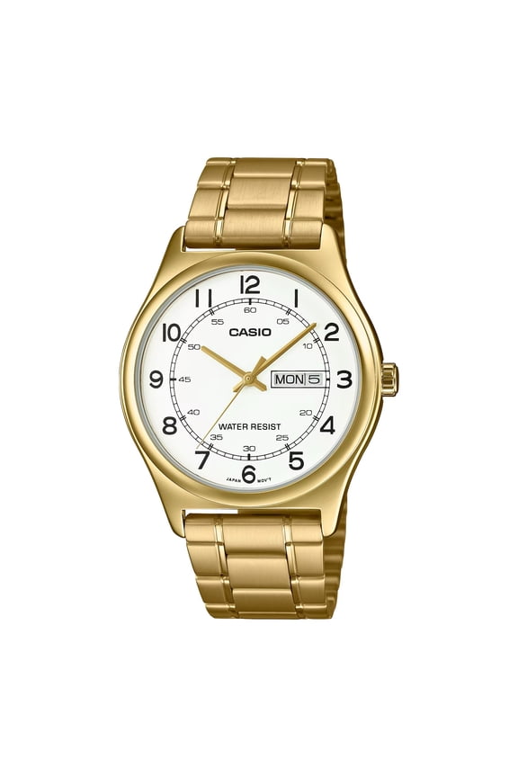 Mens Gold Analog Watch with White Dial and Day-Date Display - MTP-V006G-7B