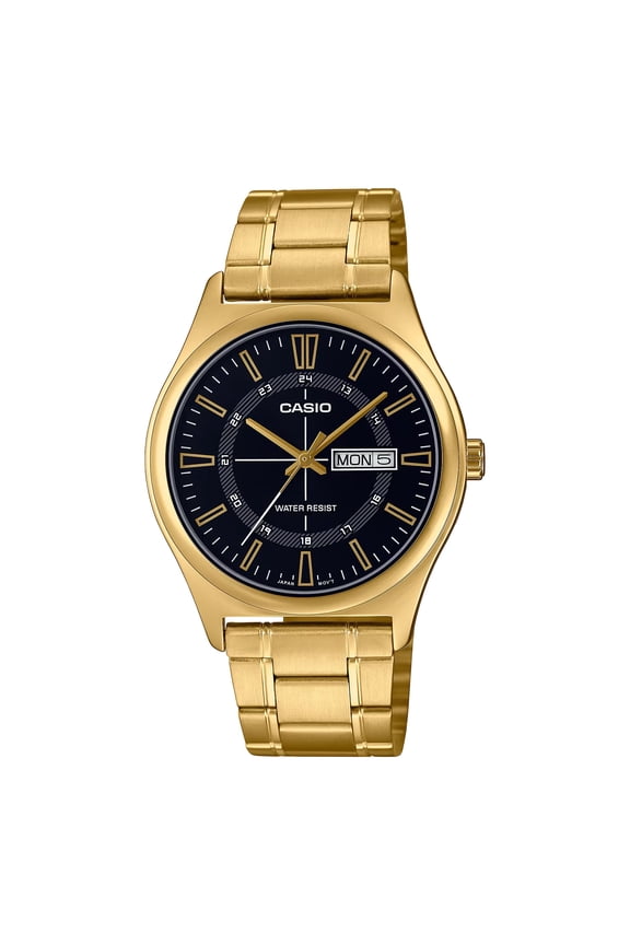 Mens Gold-Tone Stainless Steel Black Dial Analog Watch - MTP-V006G-1CUDF