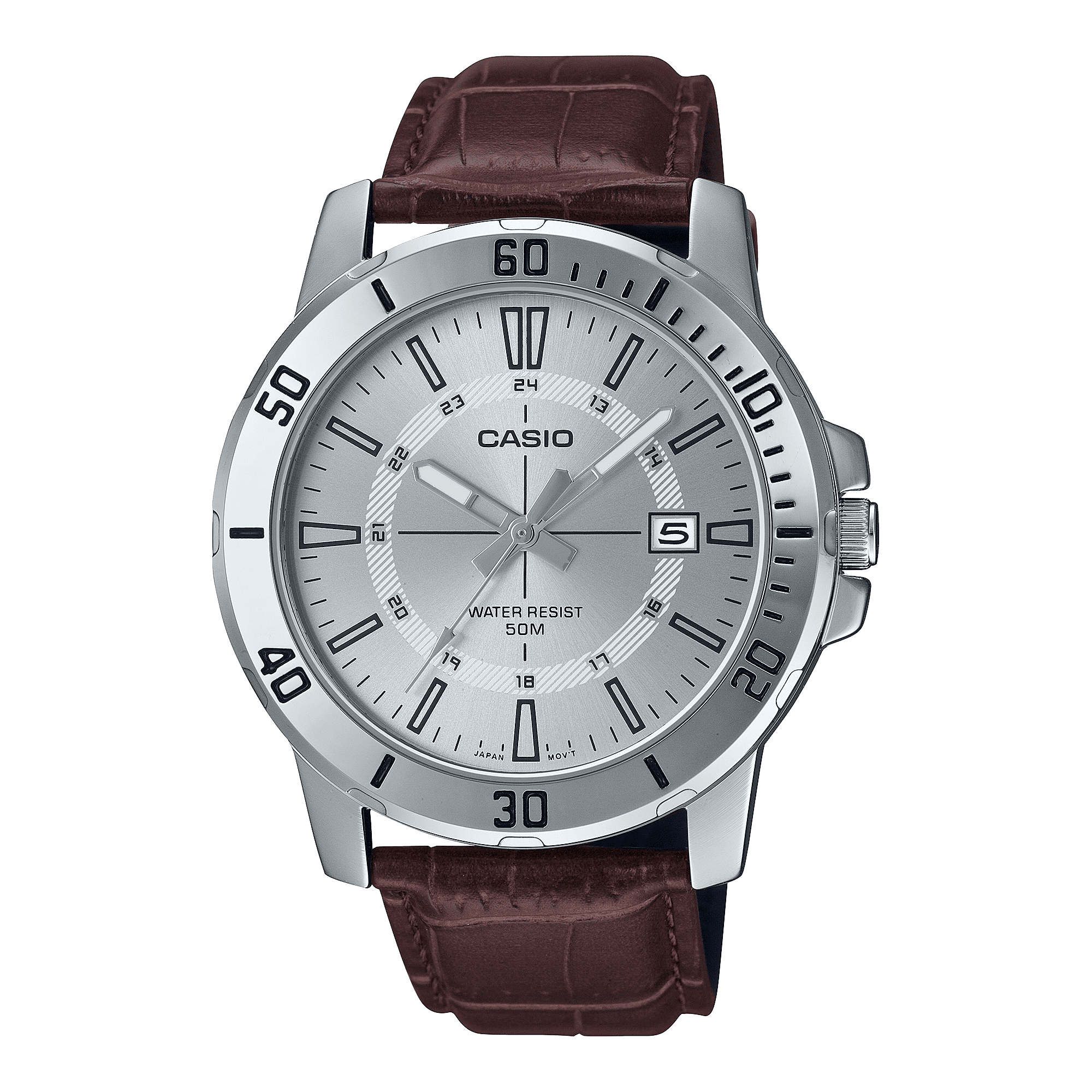 Casio MTP-VD01L-7C Silver Analog Brown Leather Quartz Sporty Dress Men's Watch