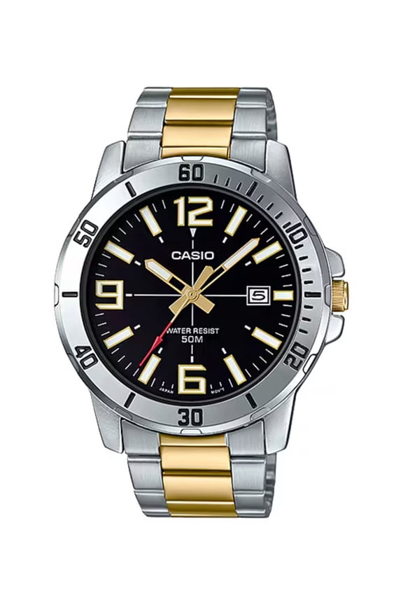 Mens Two-Tone Stainless Steel Watch with Black Dial - MTP-VD01SG-1BV