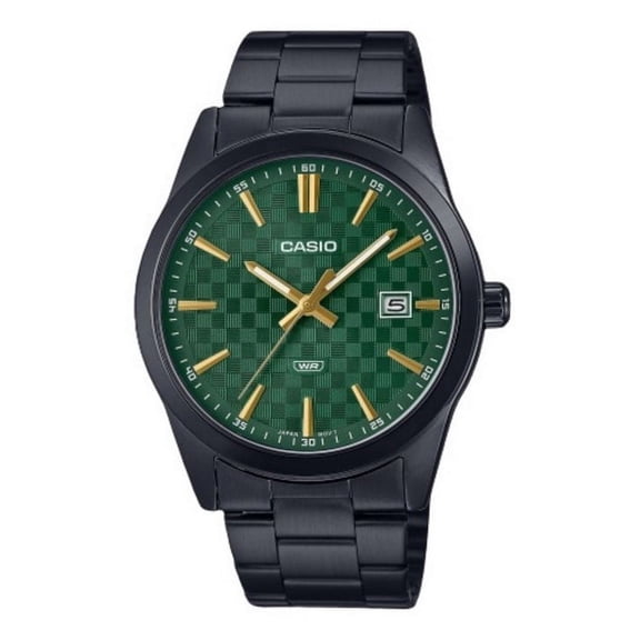Casio Men’s Black Stainless Steel Watch with Green Dial - MTP-VD03B-3AUDF