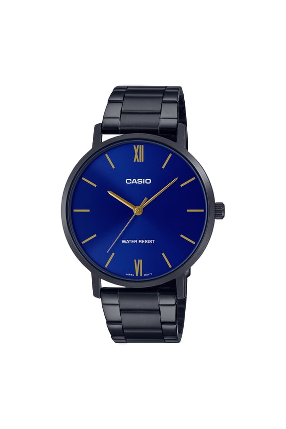 Mens Black Stainless Steel Watch with Blue Dial - MTP-VT01B-2BUDF