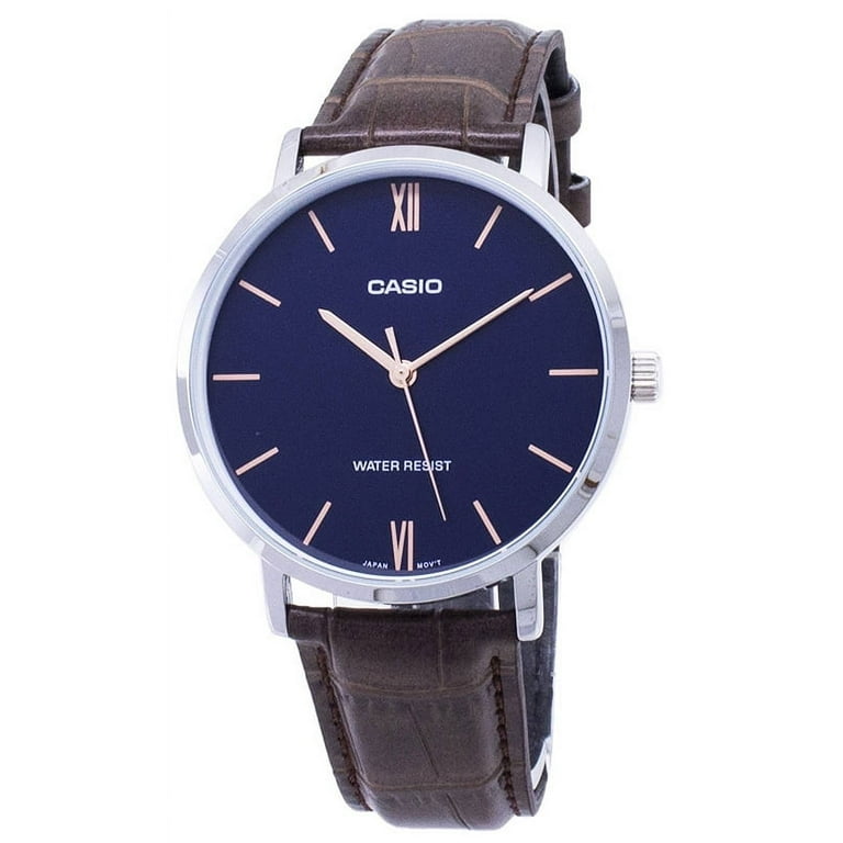 Casio Men's Brown Leather Watch with Blue Dial – MTP-VT01L-2BUDF