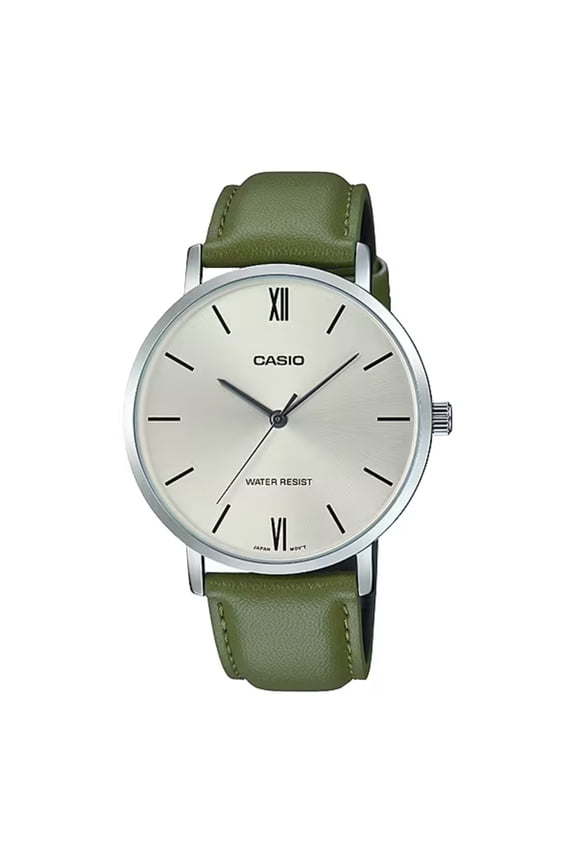 Mens Silver Dial Watch with Green Leather Strap - MTP-VT01L-3BUDF