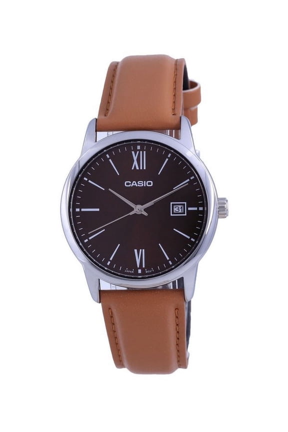 Men's 5 mm Leather Strap Stainless Steel Wristwatch, Red, Brown (MTP-V002L-5B3 MTPV002L-5)