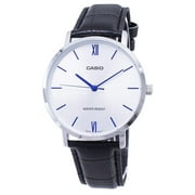 Casio Men s Silver Analog Watch with Blue Accents and Leather Strap - MTP-VT01L-7B1