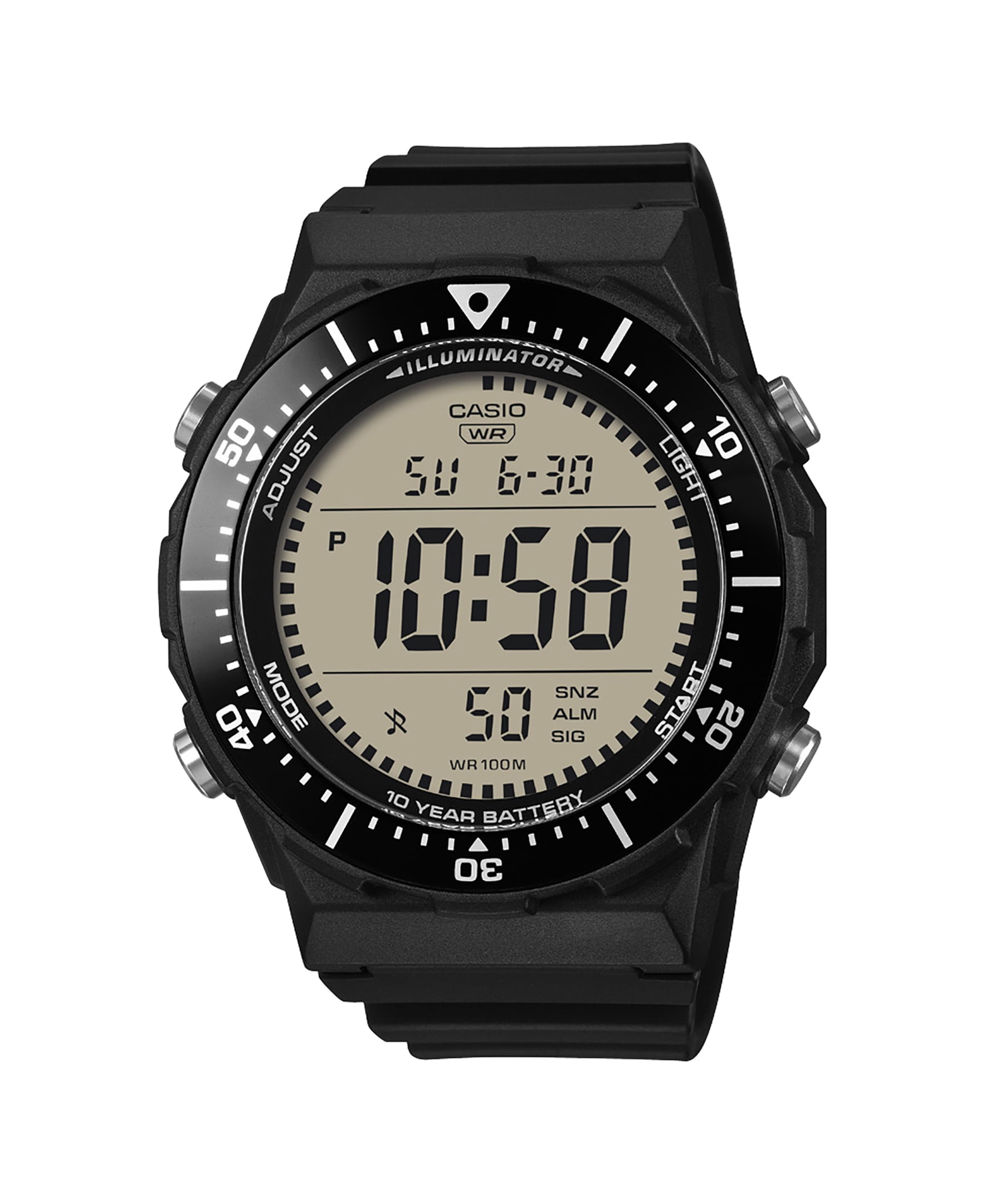 Casio Men's Black Digital Resin Strap 10-year Battery 100M WR Large LCD Rotating Bezel AE1700H-1AVKC