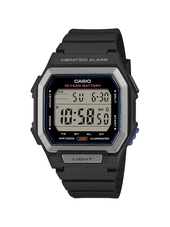 Men's Black Digital Resin Strap 10-year Battery 100M WR Vibration Alarm W738H-1AVKC
