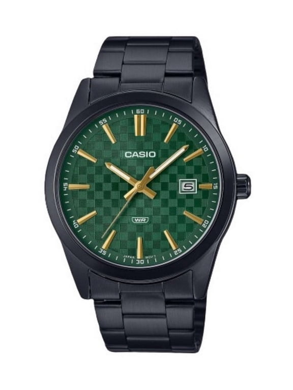 Mens Black Stainless Steel Watch with Green Dial - MTP-VD03B-3AUDF