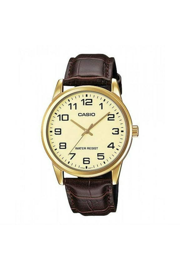 Men's Brown Leather Band Gold Bezel Standard Analog Watch MTPV001GL-9B