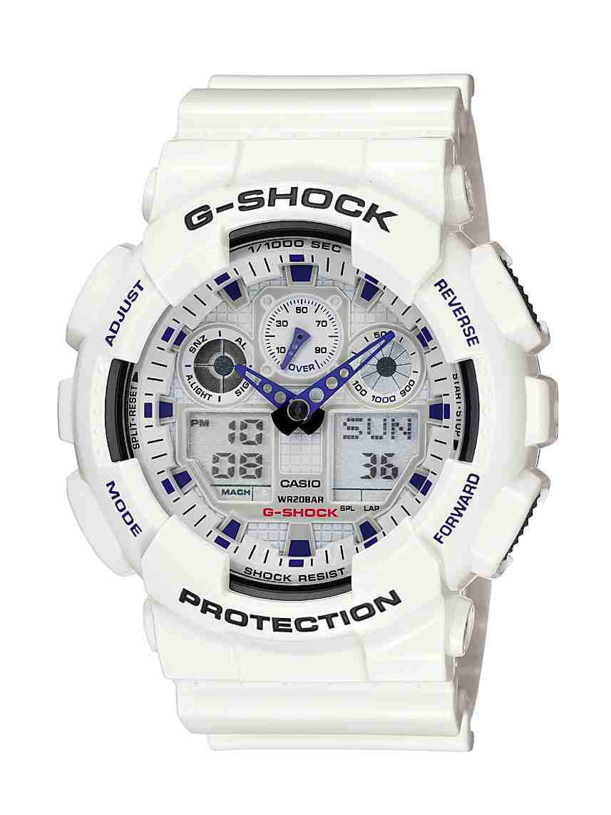Casio Men's G-Shock Big Case Analog Digital Watch 200 M WR Shock Resistant  Color White with Blue Accents (GA-100A-7A)