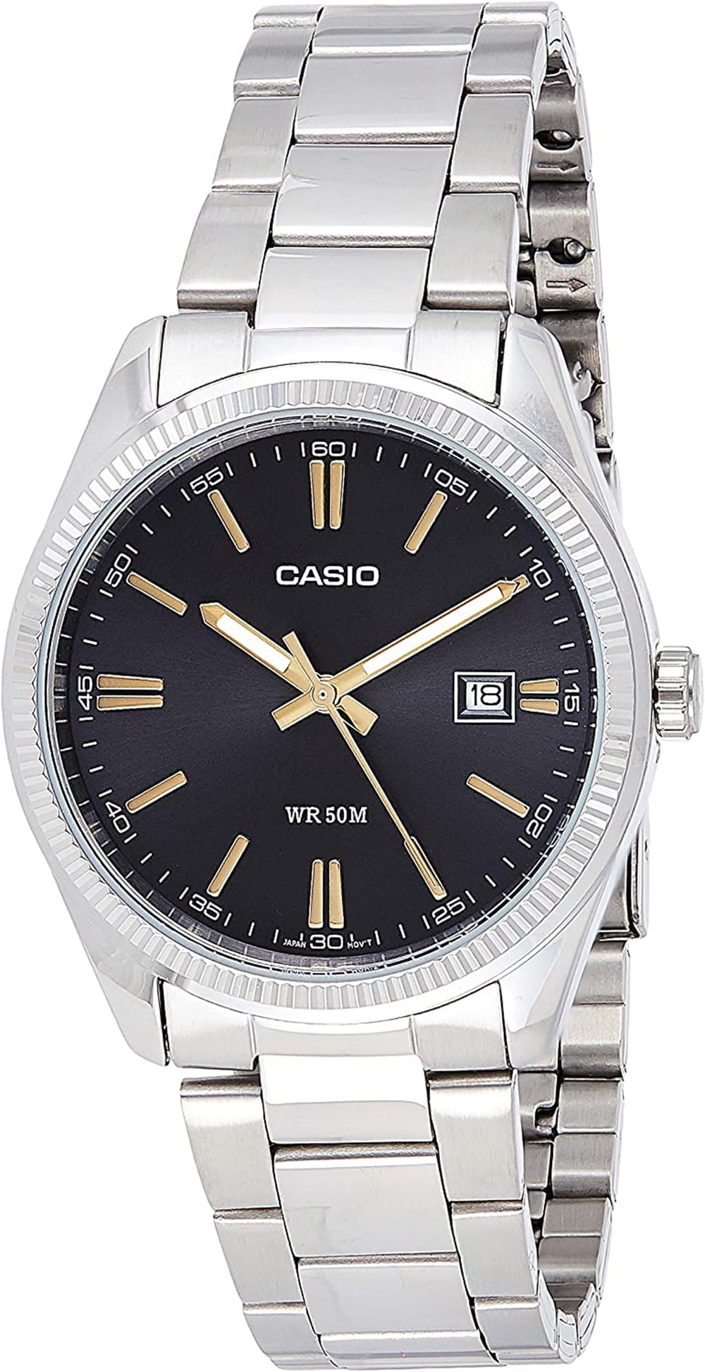 ゲトモ Casio Men's Black Dial Analog Watch with Stainless Steel Bracelet