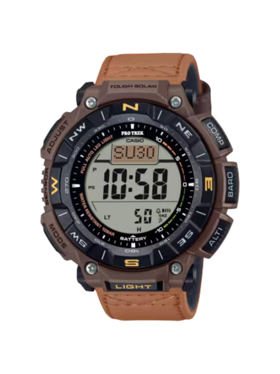 Men's Pro Trek Solar Powered Triple Sensor Brown Leather Strap Watch PRG-340L-5CR