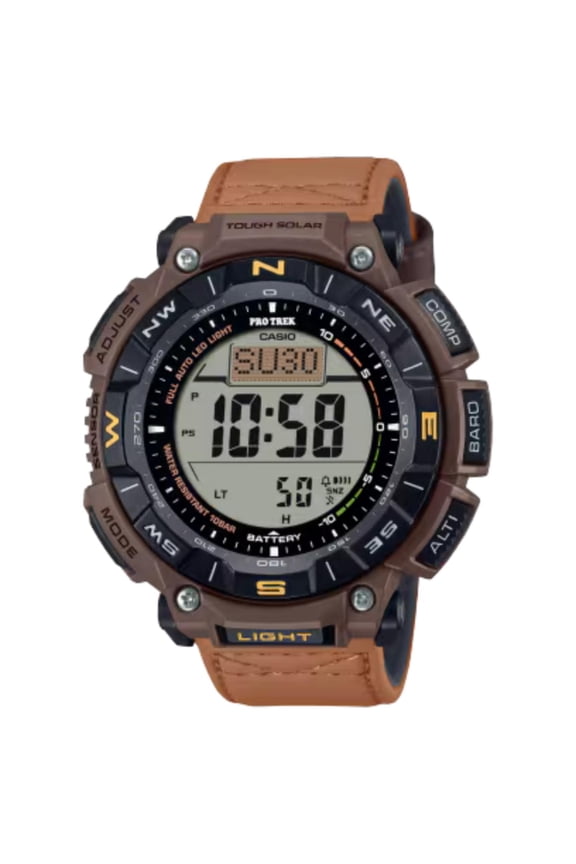 Men's Pro Trek Solar Powered Triple Sensor Brown Leather Strap Watch PRG-340L-5CR