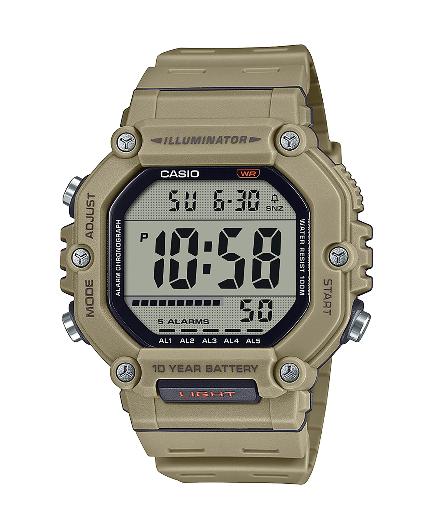 Casio Men's Sand Beige Digital Resin Strap 10-year Battery 100M WR Large LCD AE1600H-5AVKC