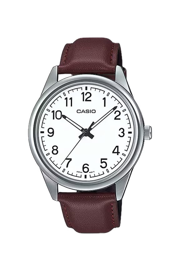 Mens White Dial Brown Leather Strap Analog Watch - MTP-V005L-7B4UDF