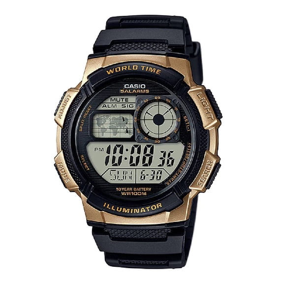 Casio Men's World Time Digital Sport Watch, Black/Gold AE1000W-1A3V