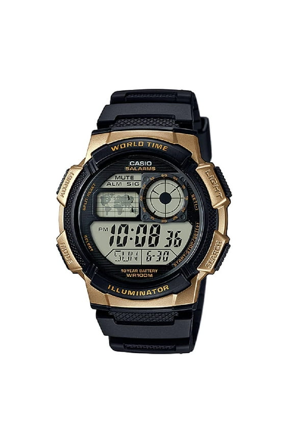 Men's World Time Digital Sport Watch, Black/Gold AE1000W-1A3V