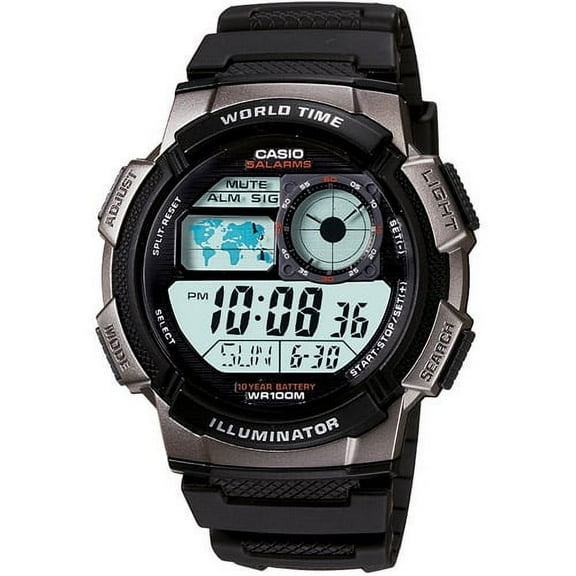 Casio Men's World Time Digital Sport Watch, Black/Silver AE1000W-1BV