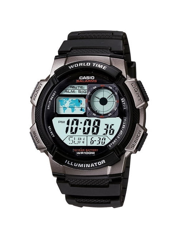 Men's World Time Digital Sport Watch, Black/Silver AE1000W-1BV