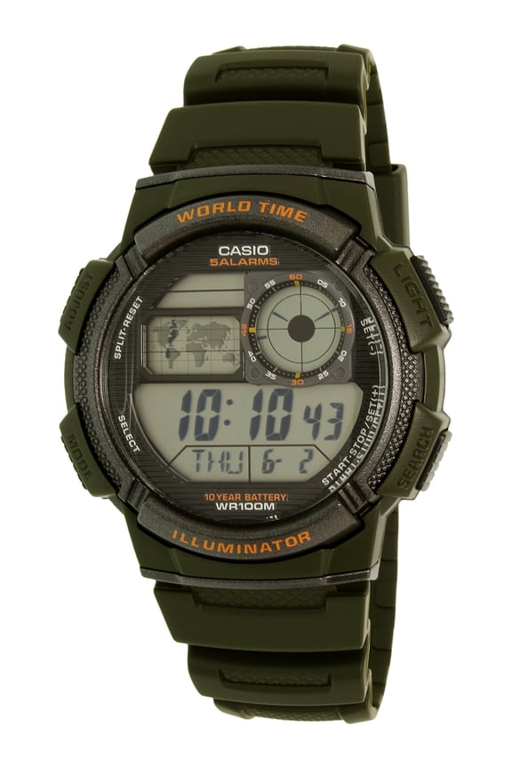 Men's World Time Digital Sport Watch, Green/Black AE1000W-3AV