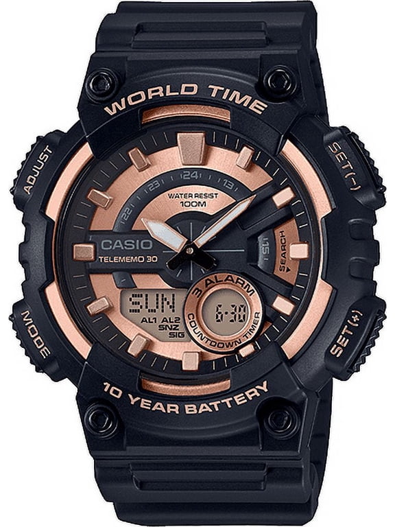 Men's World Time Telememo Black and Rose Gold Sport Watch AEQ110W-1A3V