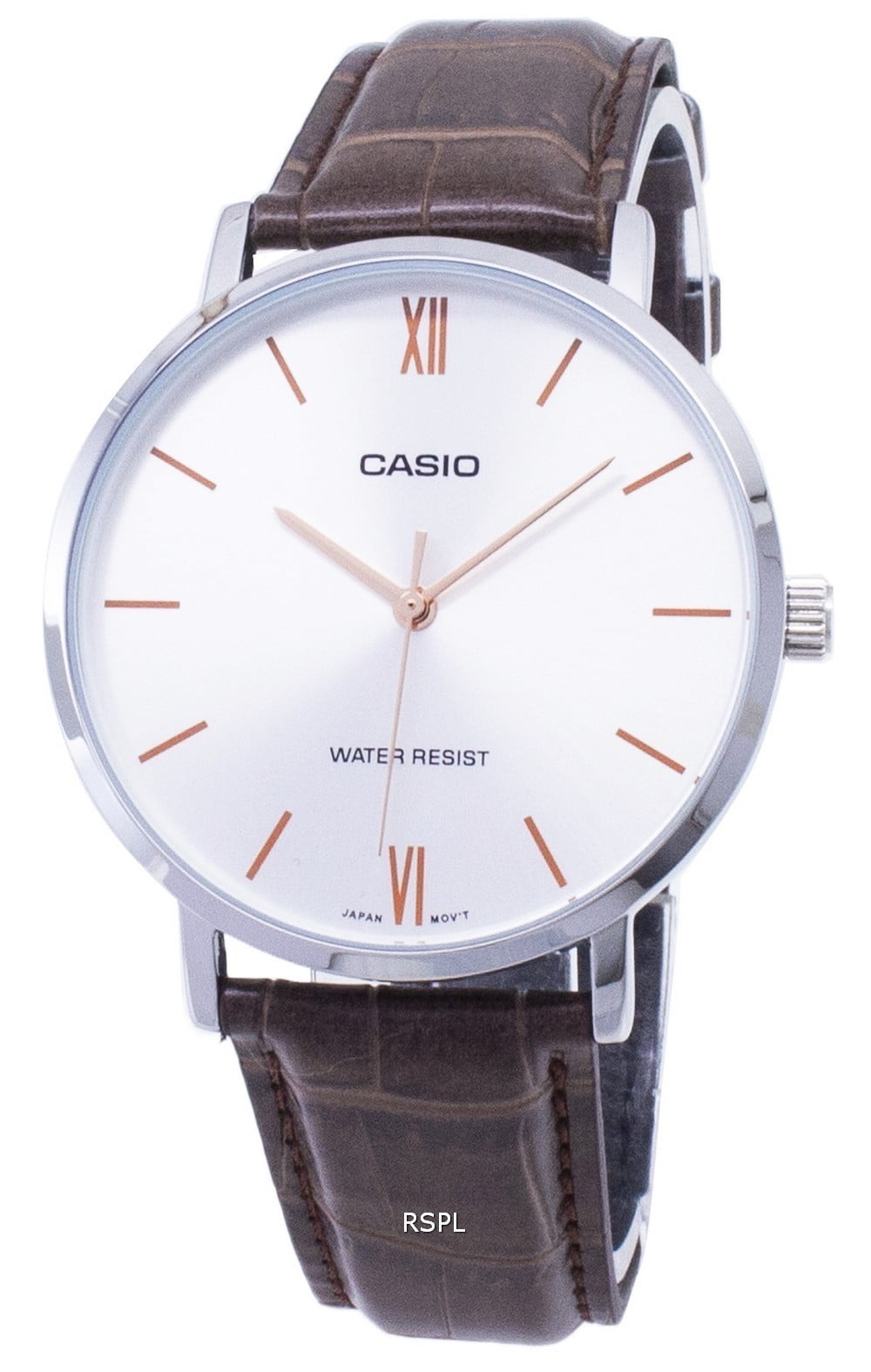 Casio Men’s Silver Analog Watch with Orange Accents and Brown Leather Strap -