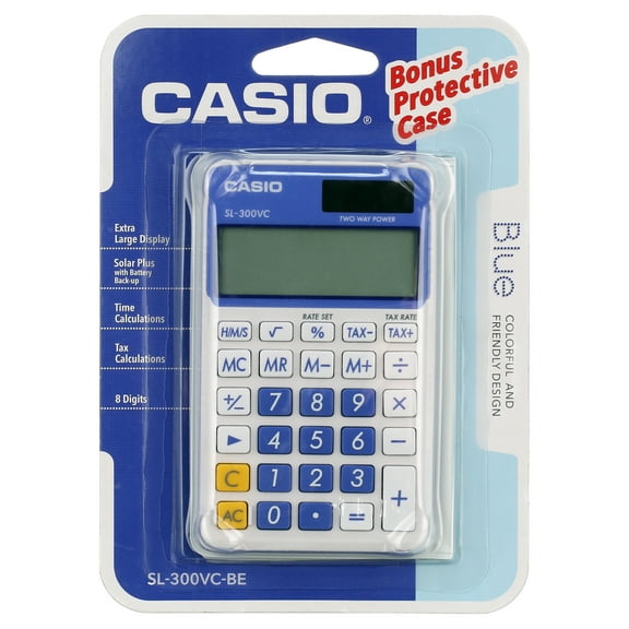 Casio SL-300VC-BE 8-Digit Calculator, Protective Wallet Case with Solar Power, Blue