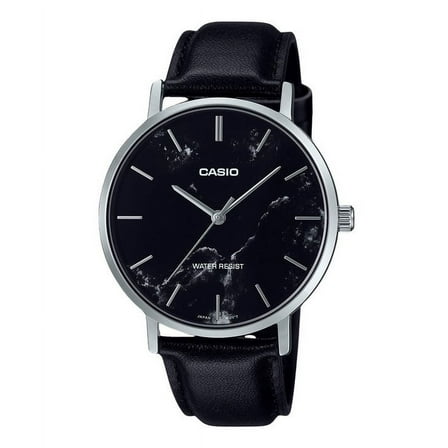 Casio Standard Analog Black Leather Strap Marble Inspired Black Dial Quartz MTP-VT01LM-1A Men's Watch