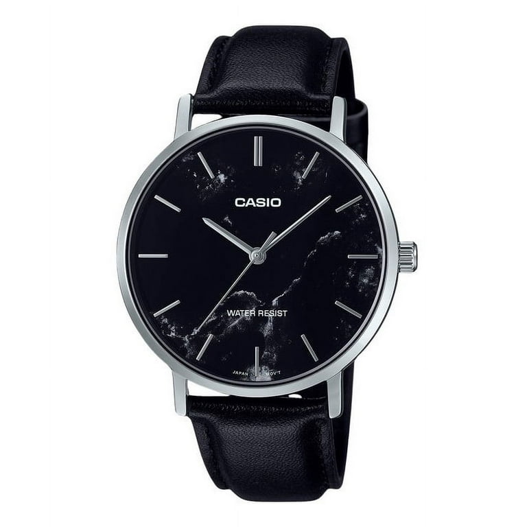 Casio Standard Analog Black Leather Strap Marble Inspired Black