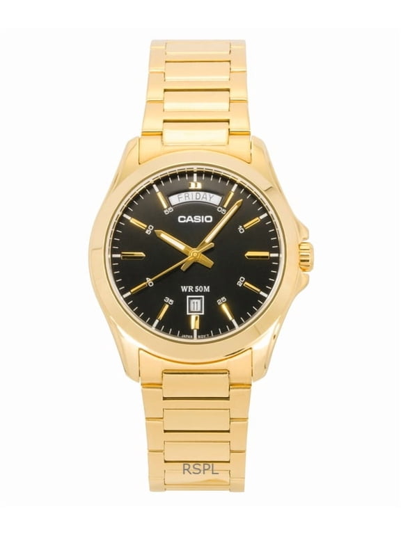 Men's Black Dial Gold Stainless Steel Day Date Watch - MTP-1370G-1AVDF