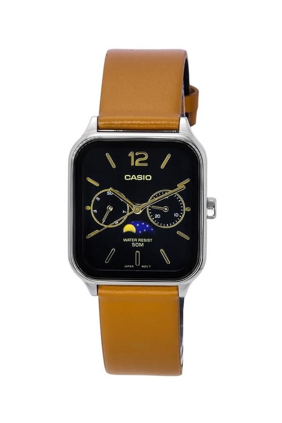 Men's Standard Analog Moon Phase Leather Strap Wristwatch, Black, (MTP-M305L-1A)