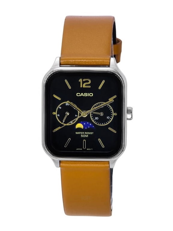 Men's Standard Analog Moon Phase Leather Strap Wristwatch, Black, (MTP-M305L-1A)