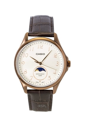 Mens Moon Phase Rose Gold Brown Leather Watch - MTP-M110RL-5AVDF