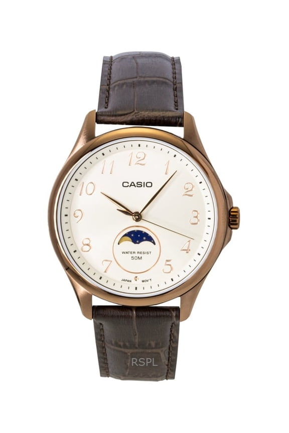 Mens Moon Phase Rose Gold Brown Leather Watch - MTP-M110RL-5AVDF