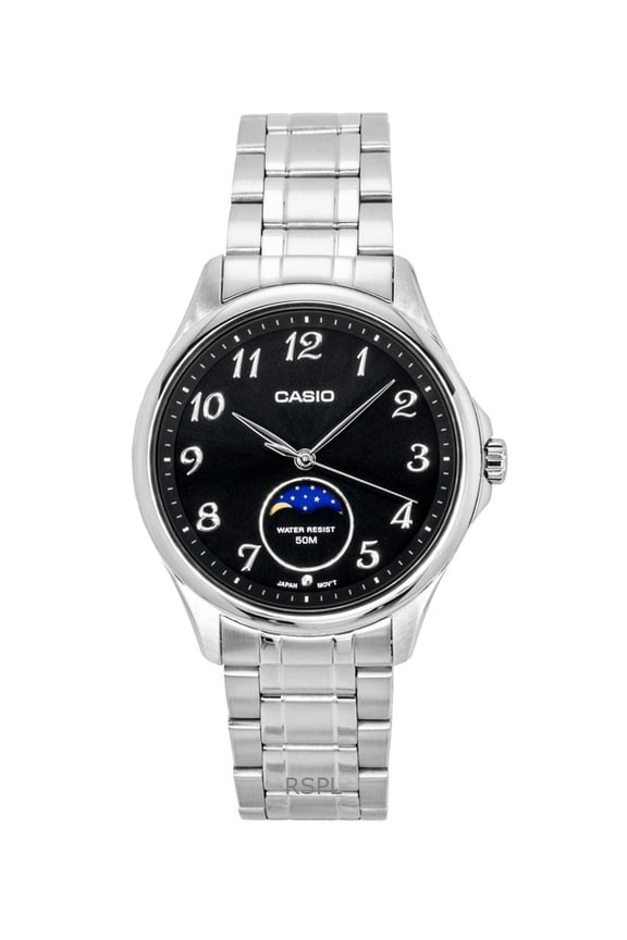 Standard Analog Moon Phase Stainless Steel Black Dial Quartz MTP-M110D-1AV Men's Watch