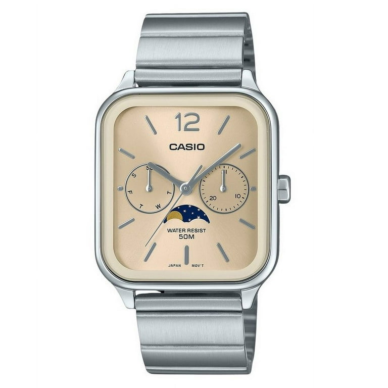 Casio Standard Analog Moon Phase Stainless Steel Champagne Dial 