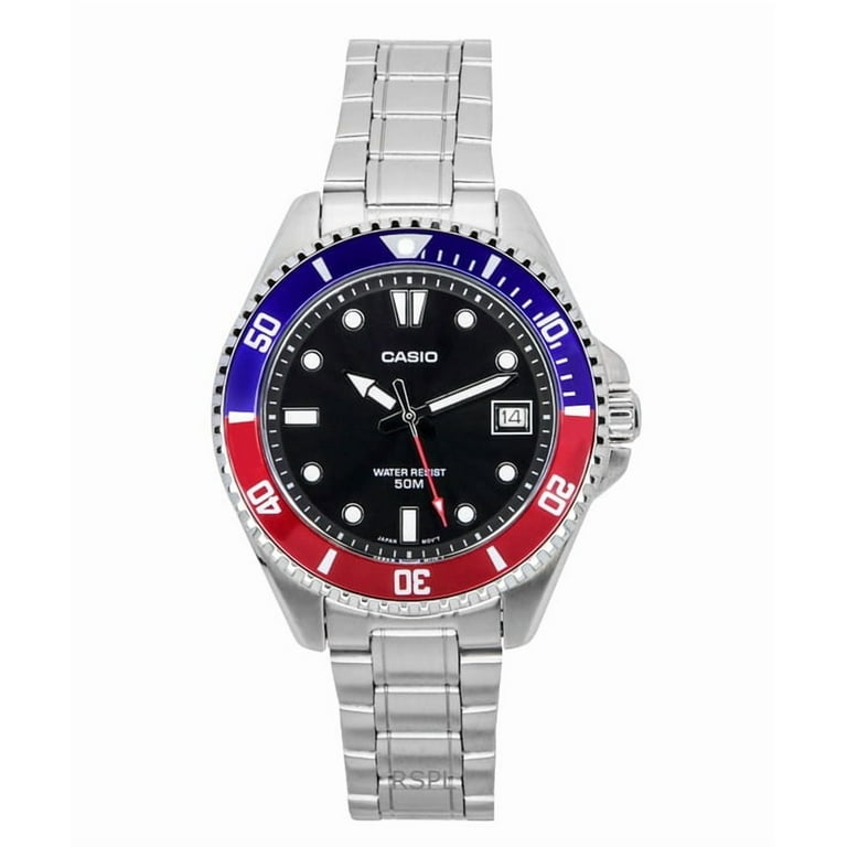 Casio Standard Analog Pepsi Bezel Stainless Steel Black Dial