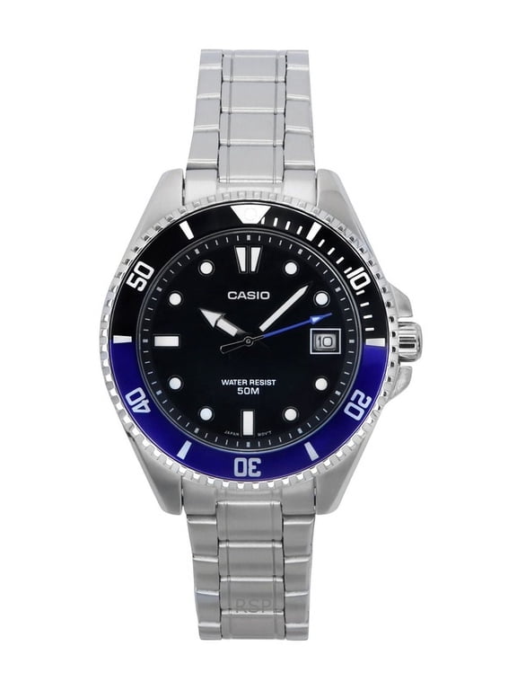 Mens Stainless Steel Watch with Black Dial and Black-Blue Bezel -