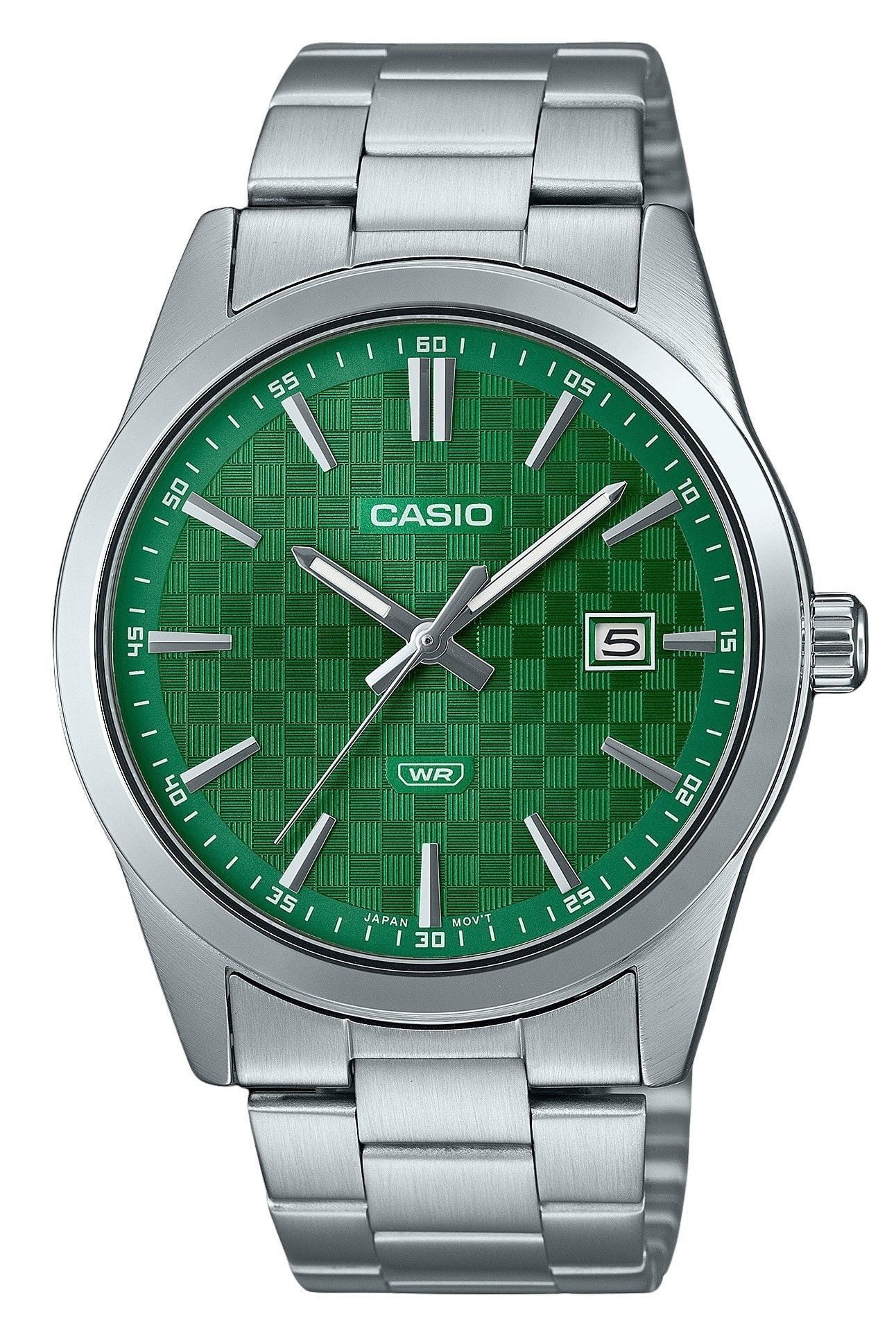 Casio Men's Silver Stainless Steel Watch with Green Textured Dial