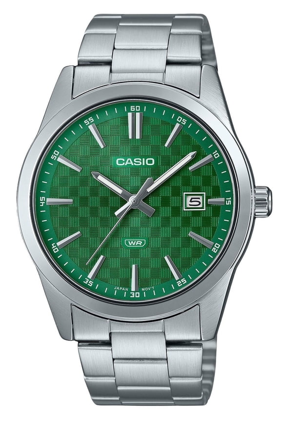 Mens Silver Stainless Steel Watch with Green Textured Dial -