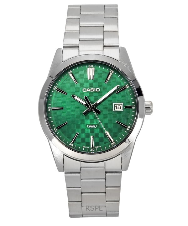 Casio Men's Silver Stainless Steel Watch with Green Textured Dial