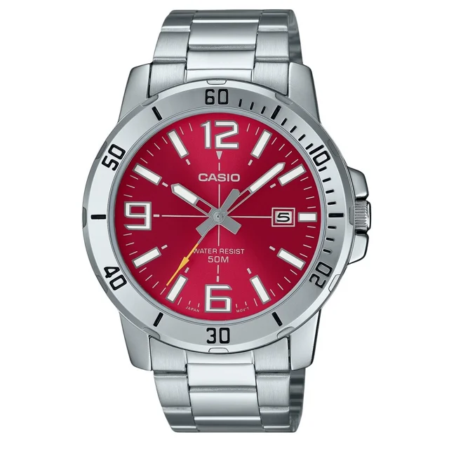 Casio Standard Analog Stainless Steel Red Dial Quartz MTPVD01D4BV Men
