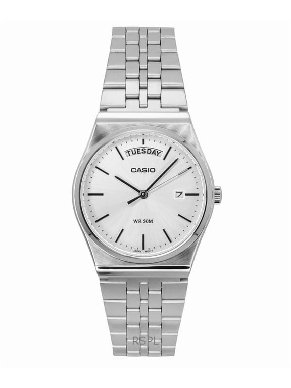 Mens Silver Dial Stainless Steel Day Date Watch - MTP-B146D-7AVDF
