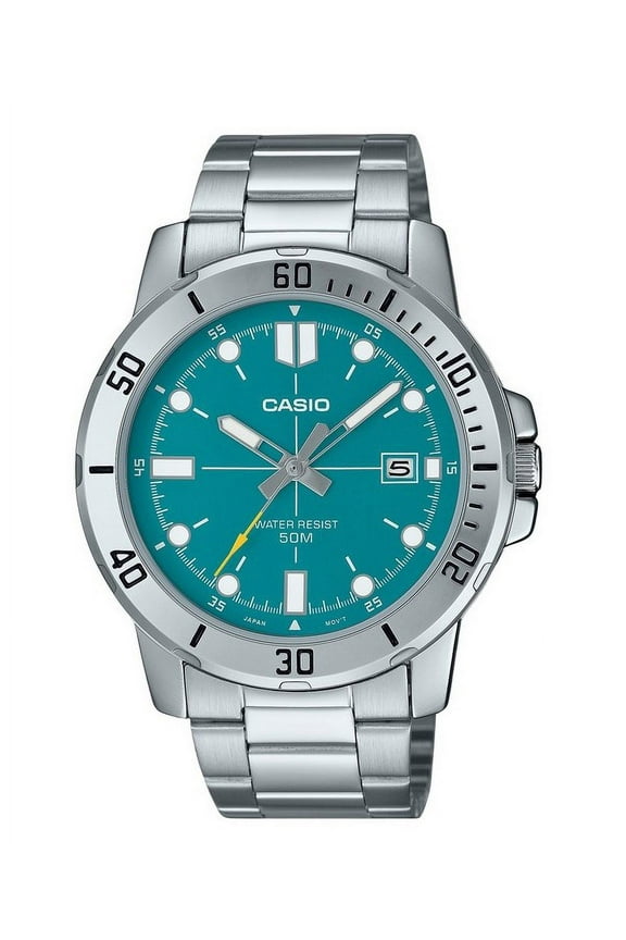 Mens Silver Stainless Steel Watch with Teal Dial - MTP-VD01D-3E2VUDF