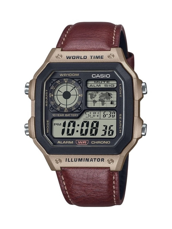 Standard Digital World Time Leather Strap Quartz AE-1200WHL-5AV 100M Men's Watch