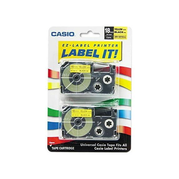 Casio Tape Cassettes for KL Label Makers, 18mm x 26ft, Black on Yellow, 2/Pack