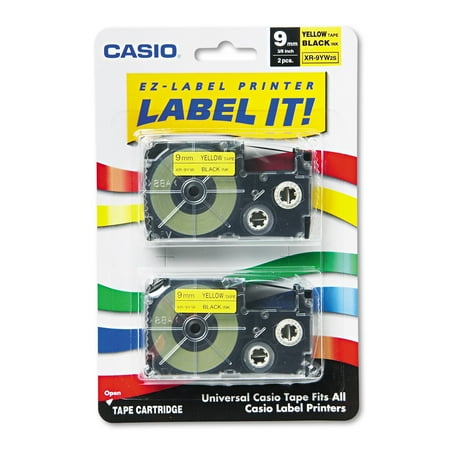Casio Tape Cassettes for KL Label Makers, 9mm x 26ft, Black on Yellow, 2/Pack